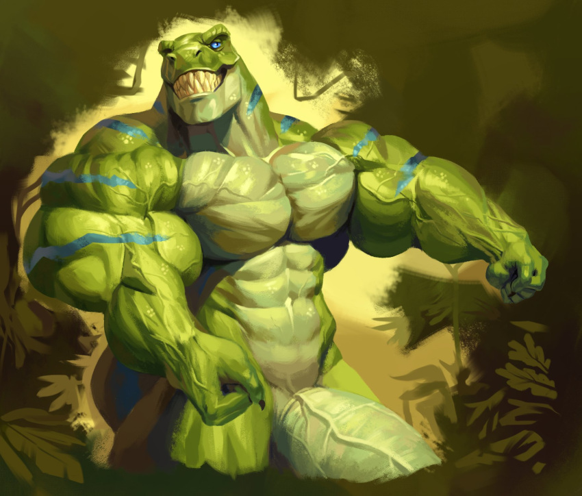 2022 abs anthro barazoku biceps big_muscles big_penis blue_sclera blue_stripes claws dinosaur erection genitals green_background green_body guzreuef hi_res huge_muscles huge_penis humanoid_genitalia humanoid_penis hyper hyper_genitalia hyper_muscles hyper_penis leaf male muscular muscular_anthro muscular_male navel nude pecs penis reptile scalie sharp_teeth simple_background smile solo standing striped_body stripes teeth theropod thick_penis triceps tyrannosaurid tyrannosaurus tyrannosaurus_rex vein veiny_muscles veiny_penis yellow_background