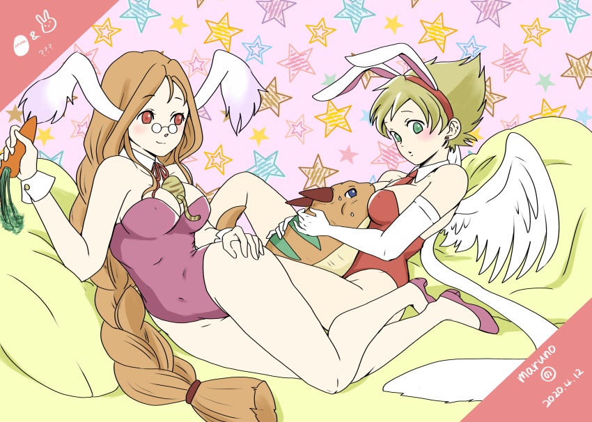absurdres animal_ears blonde_hair braid breasts breath_of_fire breath_of_fire_iii carrot closed_mouth dragon glasses gloves hairband highres long_hair maruno momo_(breath_of_fire) nina_(breath_of_fire_iii) orange_hair playboy_bunny rabbit_ears red_eyes short_hair smile white_wings wings