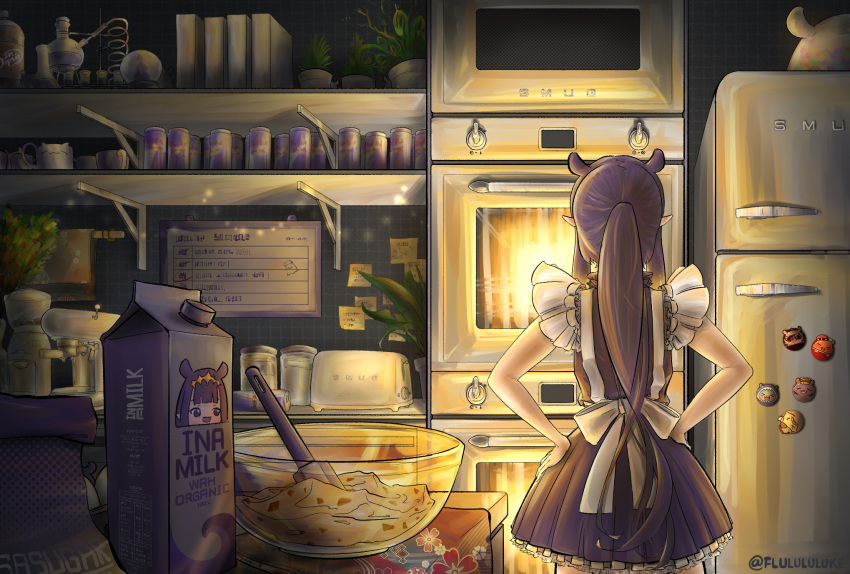 1girl can cooking flulululuke food highres hololive hololive_english indoors kitchen magnet milk_carton ninomae_ina'nis oven plant pointy_ears ponytail potted_plant purple_hair red_bull refrigerator refrigerator_magnet standing sticky_note tako_(ninomae_ina'nis) tentacle_hair toast twitter_username virtual_youtuber