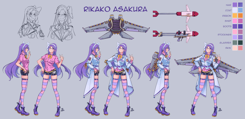 1girl 1other absurdres asakura_rikako bangs black_shorts boots bow bowtie breasts character_name character_sheet coat collared_shirt cross-laced_footwear david_hrusa freckles glasses grey_background hairband hand_on_hip happy highres id_card jetpack labcoat leg_belt lips long_coat long_hair long_sleeves mimi-chan multiple_views parted_bangs pink_legwear pink_shirt pocket purple_belt purple_eyes purple_footwear purple_hair purple_legwear ribbon shirt short_sleeves shorts small_breasts smile touhou touhou_(pc-98) two-tone_legwear v very_long_hair white_bow white_coat white_hairband yellow_belt yellow_bow yellow_bowtie yellow_ribbon