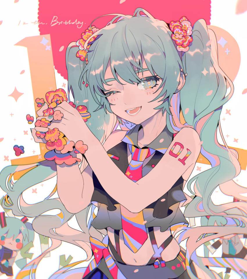 1girl absurdres arm_tattoo bare_arms black_shirt blue_eyes blue_hair chinese_commentary collared_shirt commentary_request crop_top flower flower_(symbol) hair_flower hair_ornament hands_up happy_birthday hatsune_miku highres holding holding_flower leek light_blush long_hair looking_at_viewer midriff multicolored_necktie navel necktie one_eye_closed open_mouth pink_flower pink_necktie purple_necktie red_flower shirt sleeveless sleeveless_shirt smile solo taowu_(20809) tattoo twintails upper_body vocaloid white_background yellow_necktie