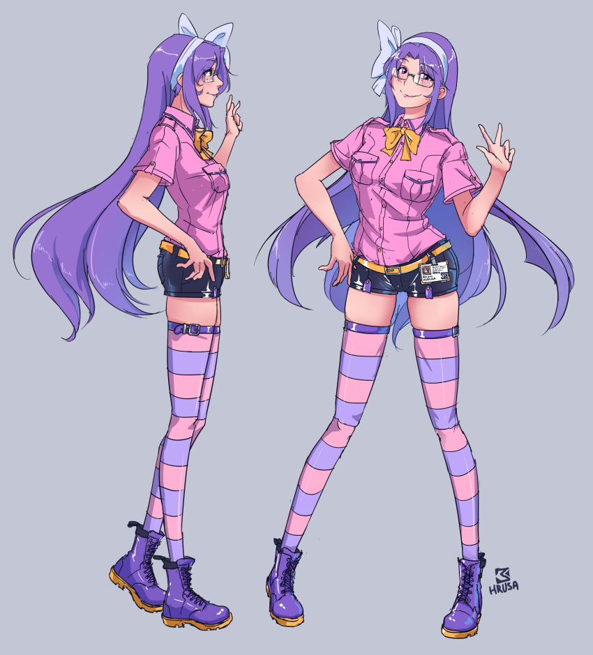 absurdres asakura_rikako bangs black_shorts blush boots bow collared_shirt cross-laced_footwear david_hrusa freckles full_body grey_background hand_on_hip highres id_card lips long_hair parted_bangs pink_legwear pink_shirt pocket purple_eyes purple_footwear purple_hair purple_legwear shirt short_sleeves shorts simple_background smile standing striped striped_legwear touhou two-tone_legwear v very_long_hair yellow_belt yellow_bow