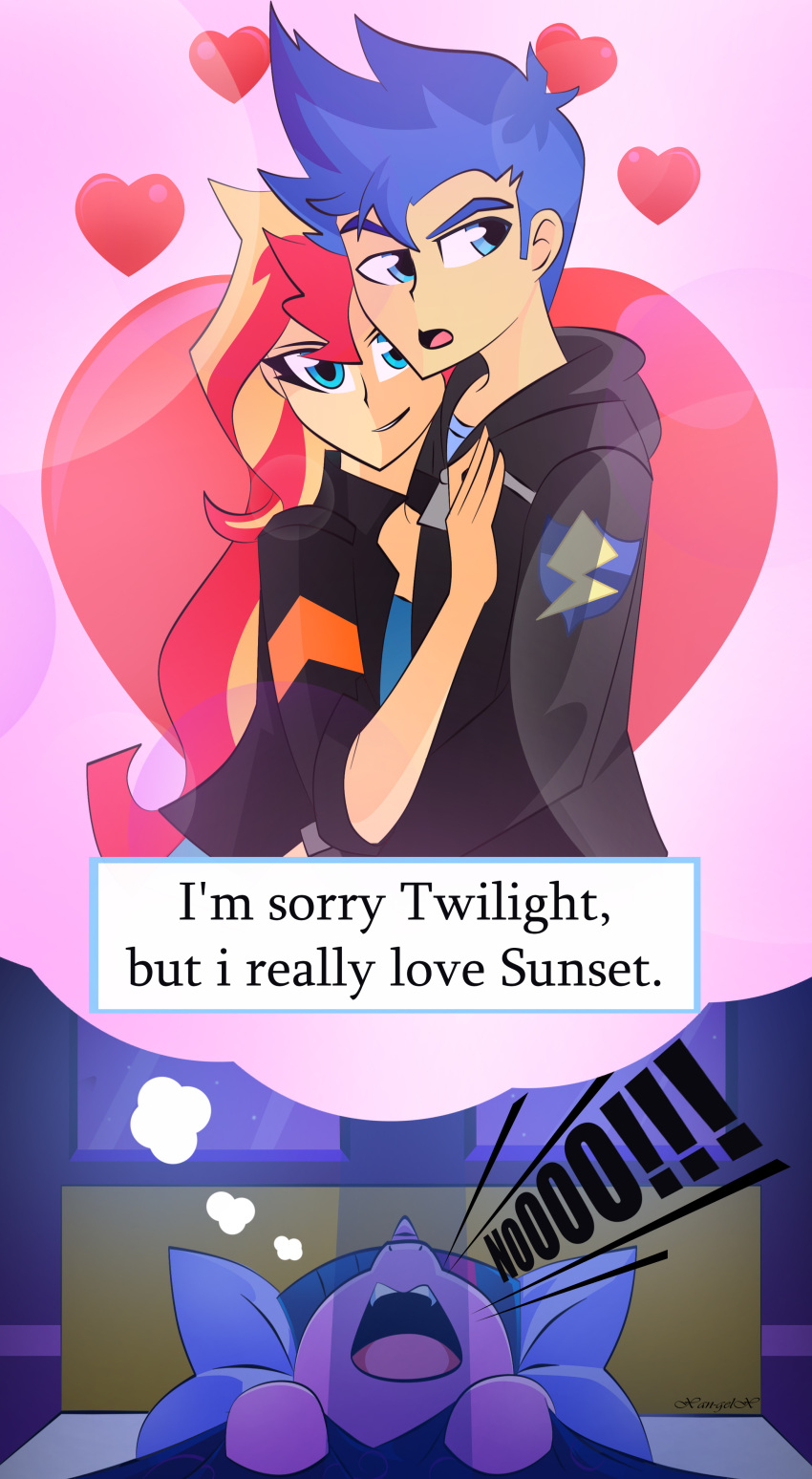 &lt;3 absurd_res bed clothing dialogue dream english_text equestria_girls equid equine flash_sentry_(eg) furniture hasbro hi_res horn horse human mammal my_little_pony nightmare on_bed pony sunset_shimmer_(eg) text under_covers unicorn xan-gelx