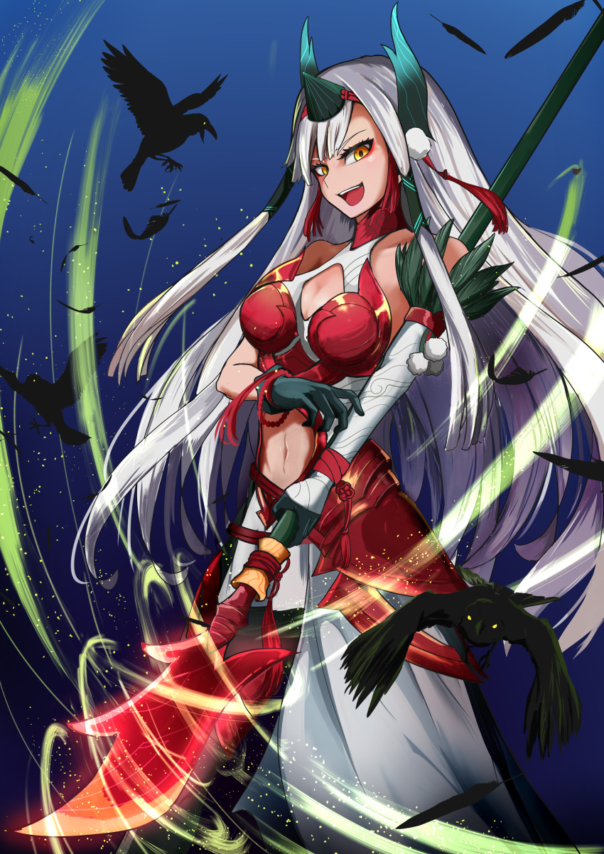1girl :d absurdres animal bangs bare_shoulders bird black_bird blue_background breasts cleavage cleavage_cutout clothing_cutout commentary cowboy_shot crow fate/grand_order fate_(series) feathers gloves glowing glowing_weapon green_gloves highres holding holding_polearm holding_weapon horns kiichi_hougen_(fate) lance long_hair looking_at_viewer medium_breasts navel open_mouth parted_bangs pike polearm smile solo sparkle stomach_cutout teeth upper_teeth weapon white_hair yellow_eyes yosya-pen