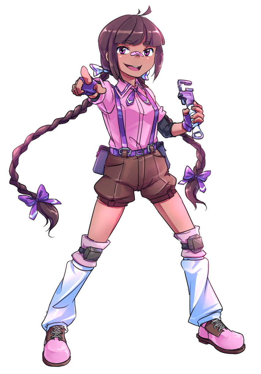 1girl adapted_costume ahoge bandaid bandaid_on_nose bangs blunt_bangs bow braid breasts brown_shorts collared_shirt dark_skin david_hrusa fingerless_gloves full_body gloves hair_bow highres holding holding_wrench knee_pads leg_warmers long_hair open_mouth pink_footwear pink_shirt pointy_ears puffy_short_sleeves puffy_sleeves purple_belt purple_bow purple_eyes purple_gloves purple_ribbon ribbon rika_(touhou) shirt shoes short_sleeves shorts simple_background skirt small_breasts suspender_skirt suspenders teeth thick_eyebrows tools touhou touhou_(pc-98) transparent_background twin_braids upper_teeth very_long_hair white_bow wrench