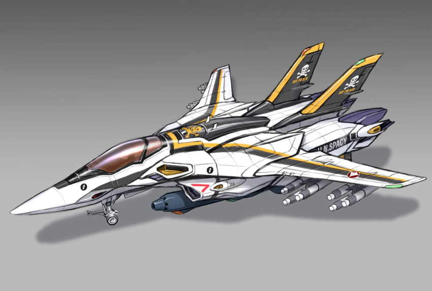 aircraft airplane canopy_(aircraft) choujikuu_yousai_macross fighter_jet grey_background gunpod highres jet macross maeda_hiroyuki mecha military military_vehicle no_humans shadow skull_and_crossbones solo variable_fighter vehicle_focus vf-1 vf-1s