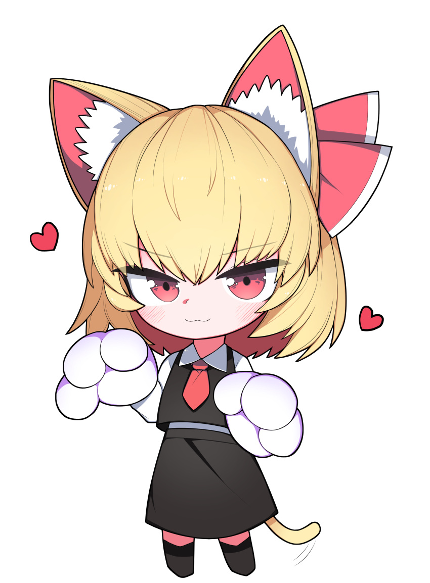 1girl :3 absurdres animal_ear_fluff animal_ears animal_hands bangs blonde_hair bow cat_ears cat_tail closed_mouth commentary_request eyebrows_visible_through_hair full_body gloves hair_between_eyes hair_bow heart hh highres kneehighs korean_commentary looking_at_viewer necktie paw_gloves paw_pose red_bow red_eyes red_necktie rumia short_hair simple_background smug solo standing tail touhou v-shaped_eyebrows white_background