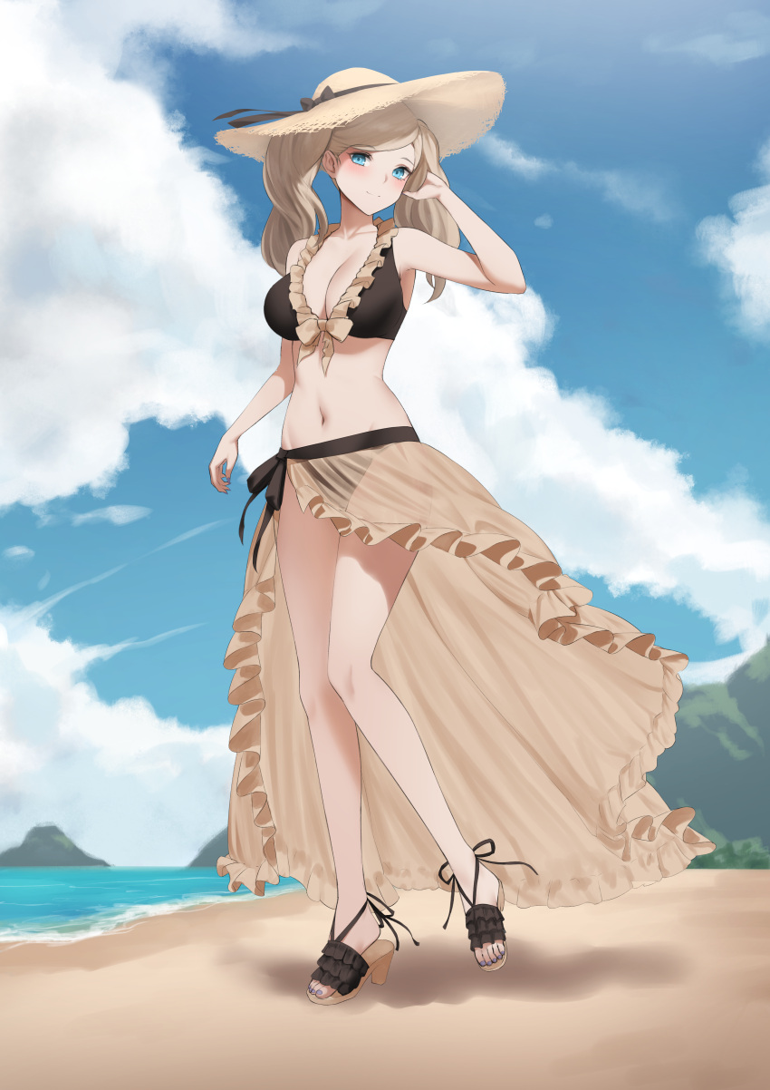 1girl absurdres alternate_costume bare_legs beach bikini black_bikini blonde_hair blue_eyes breasts cleavage cosplay crossover dhokidoki fire_emblem fire_emblem:_three_houses fire_emblem_heroes full_body hat highres large_breasts looking_at_viewer mercedes_von_martritz mercedes_von_martritz_(cosplay) nail_polish ocean persona persona_5 sand sarong see-through sky solo straw_hat sun_hat swimsuit takamaki_anne toes twintails