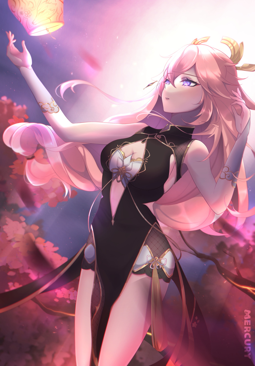 1girl absurdres animal_ears artist_name bangs black_dress branch breasts cherry_blossoms china_dress chinese_clothes cleavage cosplay crossover dress fox_ears genshin_impact hair_between_eyes hair_ornament highres honkai_(series) honkai_impact_3rd lantern long_hair mercury_jc mihoyo_technology_(shanghai)_co._ltd. open_mouth outdoors paper_lantern pink_hair purple_eyes sakura_ayane sleeveless sleeveless_dress solo teeth tree voice_actor_connection white_sleeves yae_(genshin_impact) yae_kasumi yae_sakura yae_sakura_(darkbolt_jonin) yae_sakura_(darkbolt_jonin)_(cosplay)