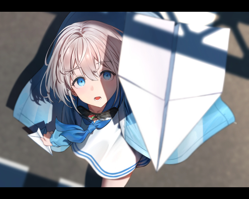 1girl :o ahoge aqua_eyes blue_jacket blurry depth_of_field dress eyebrows_visible_through_hair foreshortening goggles goggles_around_neck grey_hair highres holding idolmaster idolmaster_shiny_colors jacket letterboxed looking_at_object looking_up neckerchief paper_airplane sailor_dress serizawa_asahi shadow short_hair solo ven_(ven_neojio)