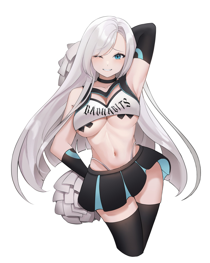 1girl ;d absurdres arm_up armpits bare_shoulders black_choker black_gloves black_legwear black_skirt blue_eyes blush breasts cheerleader choker cleavage cleavage_cutout clothes_writing clothing_cutout collarbone crop_top cropped_legs elbow_gloves elnovaline gloves grin highleg highres holding holding_pom_poms large_breasts long_hair looking_at_viewer midriff miniskirt navel one_eye_closed original parted_lips pleated_skirt pom_pom_(cheerleading) revealing_clothes shirt silver_hair simple_background skirt sleeveless sleeveless_shirt smile solo stomach straight_hair thighhighs thong underboob very_long_hair white_background white_hair white_shirt zettai_ryouiki