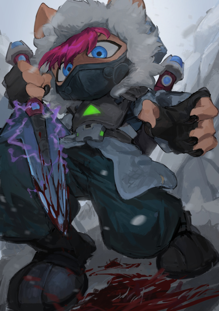 1boy absurdres alternate_costume bangs belt black_gloves black_nails black_pants blood blue_eyes fingerless_gloves full_body fur-trimmed_hood fur_trim ghostgrass gloves grey_jacket highres holding holding_weapon hood hood_up jacket kennen league_of_legends looking_at_viewer mask mouth_mask nail_polish pants pink_hair solo standing weapon weapon_on_back yordle