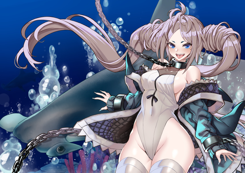 1girl absurdres bangs blue_eyes blue_jacket blush breasts bubble chain collar floating_hair grey_hair hammerhead_shark highres jacket kaorihero leotard long_hair medium_breasts mole mole_under_eye off_shoulder open_hand original sharp_teeth sideboob sleeves_past_wrists solo teeth thighhighs twintails white_leotard