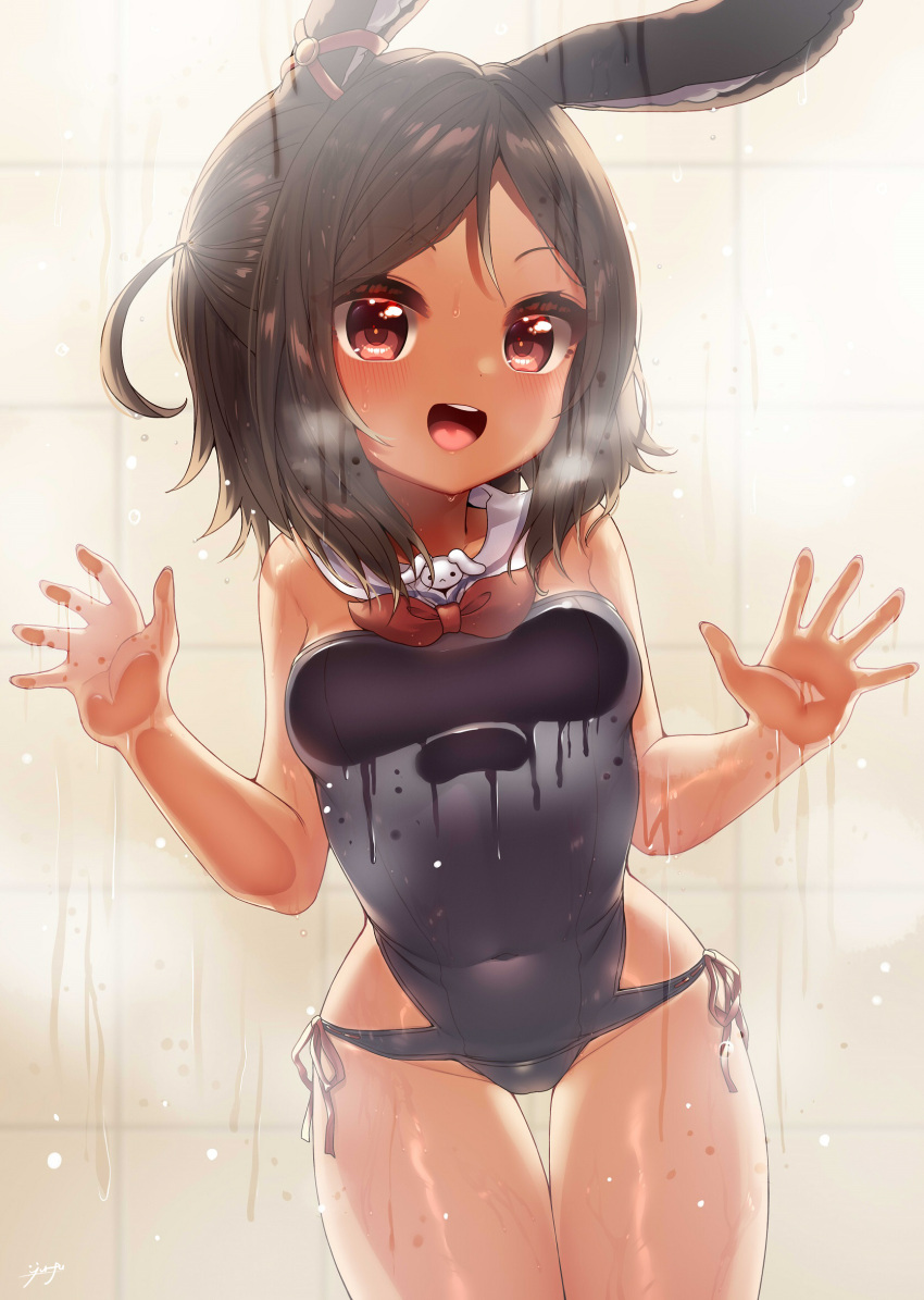 1girl against_glass animal_ears azur_lane bathroom blue_swimsuit breast_press breasts breasts_on_glass brown_hair covered_navel dark-skinned_female dark_skin detached_collar ear_ribbon highres i-26_(azur_lane) indoors nontraditional_school_swimsuit one-piece_swimsuit rabbit_ears ribbon-trimmed_swimsuit ribbon_trim sailor_collar school_swimsuit short_hair shower_(place) side-tie_swimsuit small_breasts solo steam strapless strapless_swimsuit swimsuit tile_wall tiles water wet white_sailor_collar yufukiri