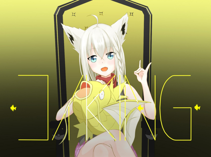 1girl ahoge alternate_color animal_ears bangs black_shirt braid chair commentary_request crossed_legs earrings eyebrows_visible_through_hair fox_ears fox_girl fox_shadow_puppet fujirs28 green_eyes hair_between_eyes highres hololive jewelry long_hair looking_at_viewer magikarp open_mouth pink_skirt pokemon shiny_pokemon shirakami_fubuki shirt sidelocks simple_background single_braid sitting skirt sleeveless sleeveless_shirt virtual_youtuber white_hair yellow_background