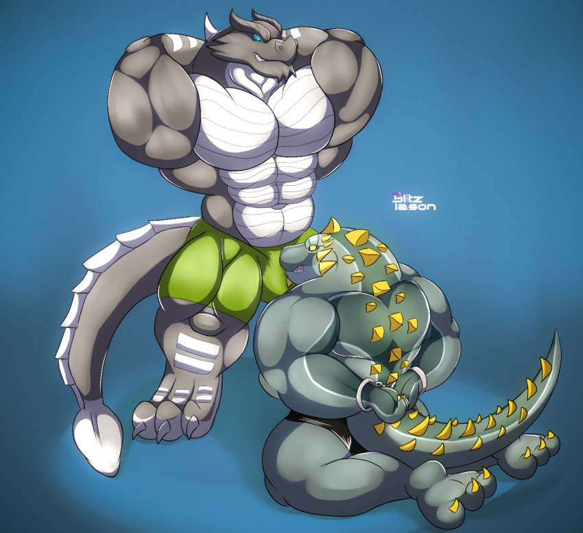 abs accessory anthro artist_name barazoku bdsm biceps big_muscles blue_eyes bondage bound bulge claws clothing cuff_(restraint) digital_media_(artwork) digitigrade dinosaur dominant dragon duo flexing grey_body grin handcuffs happy hekar hi_res kardukk kobold male male/male metal_cuffs multicolored_body muscular muscular_anthro muscular_male paws pecs reptile restraints scalie shaded signature smile spikes standing teasing teeth two_tone_body two_tone_tail underwear white_body