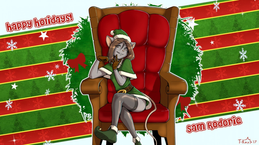 2017 anthro belt chair christmas christmas_clothing christmas_headwear clothed clothing female furniture green_clothing hat headgear headwear holidays legwear looking_at_viewer mammal mouse murid murine rodent sam_rodoric santa_hat sitting smile smirk solo stockings t-kay touching_face