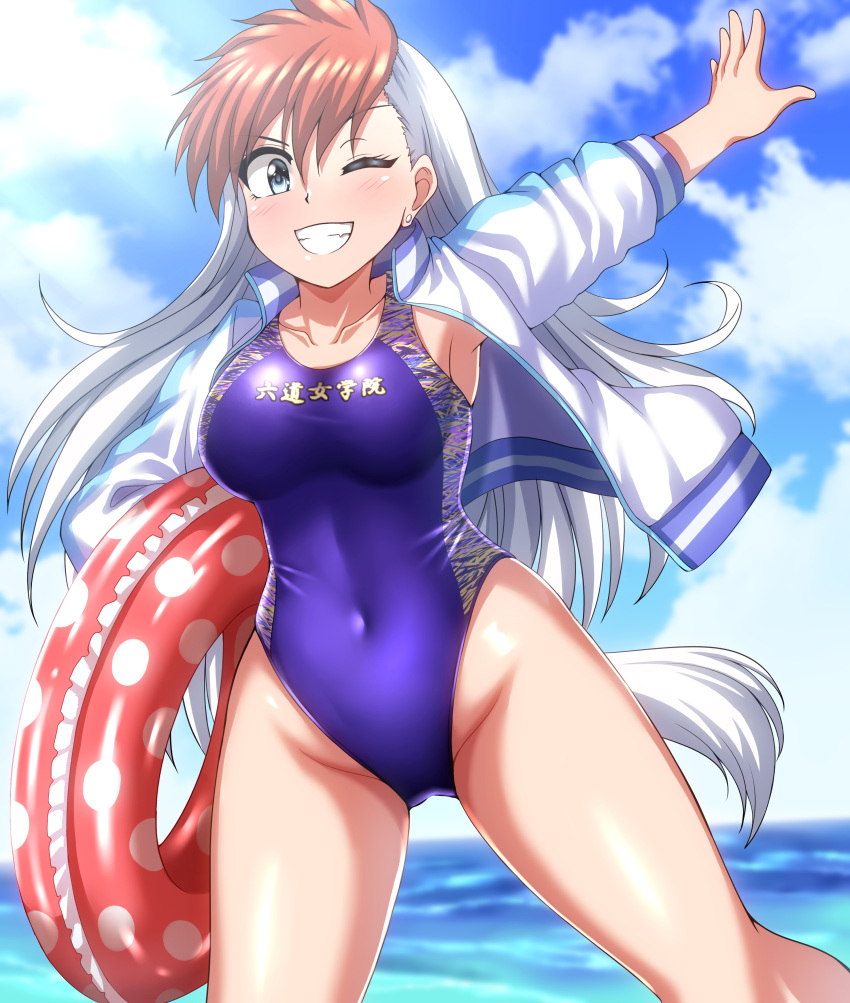 1girl absurdres blue_eyes blue_sky blue_swimsuit breasts cloud collarbone commentary_request competition_swimsuit covered_navel cowboy_shot day ghost_sweeper_mikami grin highres horizon innertube inuzuka_shiro jacket large_breasts letterman_jacket looking_at_viewer multicolored_clothes multicolored_hair multicolored_jacket ocean one-piece_swimsuit outdoors polka_dot_innertube red_hair sky smile solo swimsuit two-tone_hair two-tone_jacket white_hair zanntetu