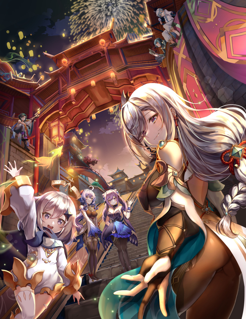 3boys 4girls absurdres arm_up bell bodysuit book braid braided_ponytail breasts building chongyun_(genshin_impact) cleavage cowbell dress fairy fingerless_gloves fireworks food ganyu_(genshin_impact) genshin_impact gloves hair_ornament halo highres ice_cream keqing_(genshin_impact) keqing_(opulent_splendor)_(genshin_impact) lantern lantern_festival long_sleeves looking_at_viewer multiple_boys multiple_girls night night_sky official_alternate_costume outdoors outstretched_hand paimon_(genshin_impact) pants pantyhose paper_lantern pengrani reaching_out reading shenhe_(genshin_impact) sitting sky sky_lantern stairs thighhighs town twintails waving xiao_(genshin_impact) xingqiu_(genshin_impact)