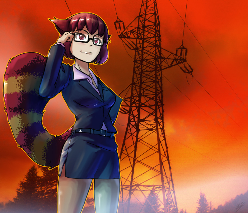 1girl adjusting_eyewear alternate_costume animal_ears belt black_belt black_jacket black_skirt breasts brown_eyes brown_hair business_suit collared_shirt commentary david_hrusa formal futatsuiwa_mamizou glasses highres jacket long_sleeves medium_breasts office_lady outdoors pantyhose pencil_skirt raccoon_ears raccoon_tail shirt skirt skirt_suit smile suit sunset tail tanuki touhou white_shirt