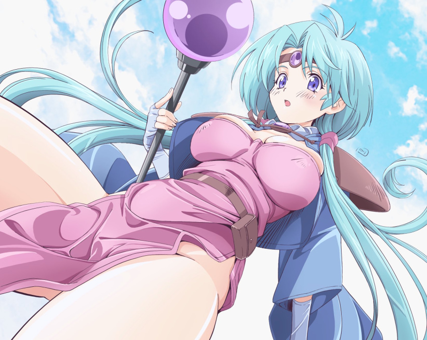 1girl breasts circlet cleavage cloud fingerless_gloves gloves green_hair haou_taikei_ryuu_knight highres large_breasts long_hair looking_at_viewer nori_(norimakigumo) open_mouth paffy_pafuricia purple_eyes solo staff twintails