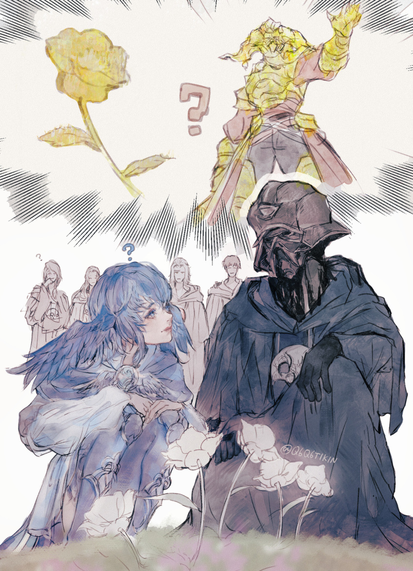 2girls 4boys ? bird_legs bird_wings black_gloves black_robe blue_capelet blue_eyes blue_hair brooch capelet emet-selch feathered_wings final_fantasy final_fantasy_xiv flower gaius_van_baelsar garlean gloves hands_on_own_knees head_wings helm helmet hermes_(ff14) highres hood hood_down hooded_robe hythlodaeus jewelry looking_at_another mask mask_removed meteion multiple_boys multiple_girls one_knee q6q6tikin short_hair smile squatting twitter_username venat_(ff14) white_background white_flower wings yellow_flower