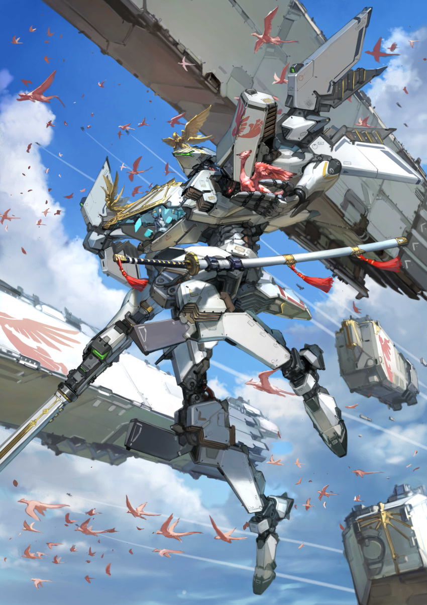 absurdres cloud dragon flying gun highres holding holding_gun holding_weapon in_palm katana mecha original science_fiction sheath sheathed sky solo space_craft sword takayama_toshiaki visor weapon