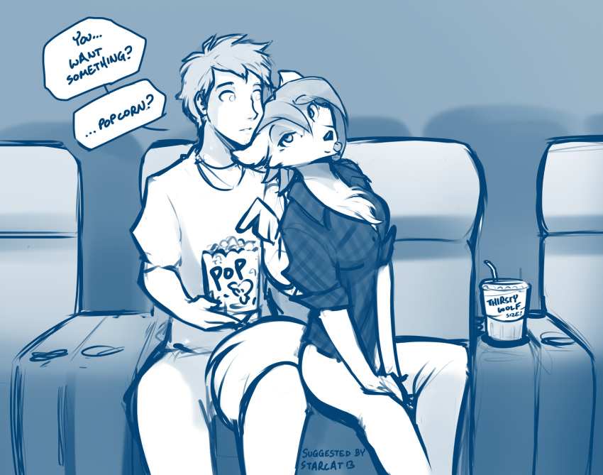 2022 anthro beverage blep blue_and_white breasts canid canine canis cassidy_(twokinds) chair chest_tuft cleavage clothed clothing conditional_dnp confusion dialogue duo english_text female flirting food furniture hi_res holding_food holding_object human inside keidran male mammal monochrome movie_theater popcorn sitting sketch smile soda soda_cup text tom_fischbach tongue tongue_out tuft twokinds webcomic wolf