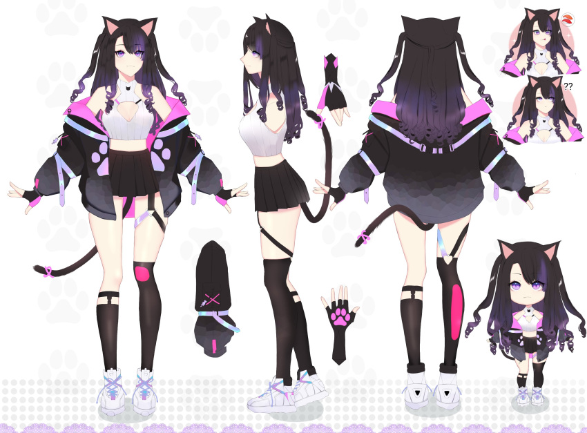 1girl animal_ears artist_request black_gloves black_hair black_jacket black_skirt breasts cat_ears cat_girl cat_tail character_sheet chibi cleavage_cutout clothing_cutout fingerless_gloves food gloves highres indie_virtual_youtuber jacket medium_breasts mixed-language_commentary multiple_views off_shoulder open_hands sashimi shimotsuki_miri shoes skirt sneakers tail two_side_up virtual_youtuber white_footwear