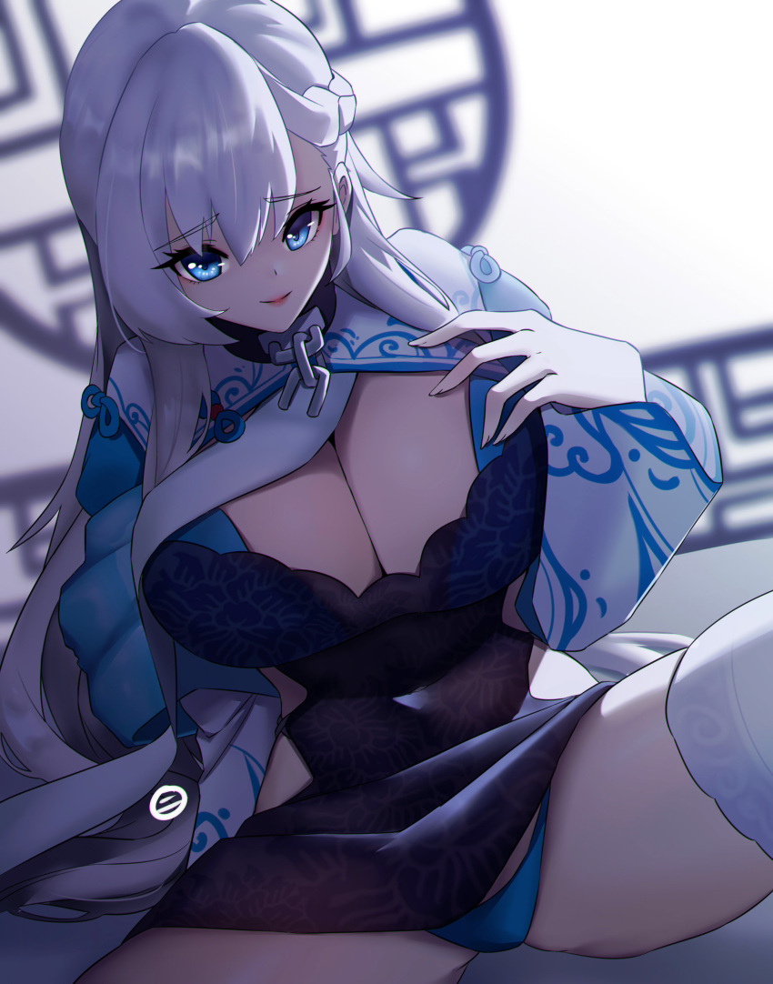 1girl absurdres azur_lane belfast_(azur_lane) belfast_(iridescent_rosa)_(azur_lane) blue_eyes blue_panties blurry blurry_background braid breasts broken broken_chain chain china_dress chinese_clothes cleavage dress french_braid highres huge_breasts jrpulse long_hair looking_at_viewer official_alternate_costume panties pelvic_curtain solo thighhighs thighs underwear very_long_hair white_legwear