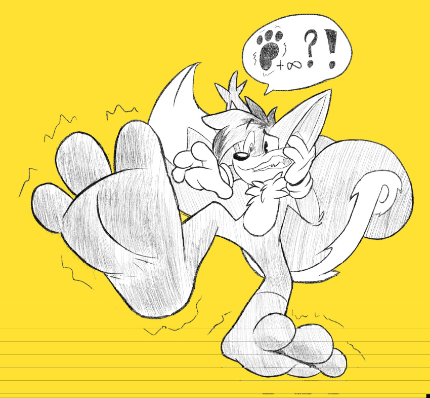 2021 3_toes anthro big_feet canid canine chest_tuft clenched_teeth expansion feet foot_expansion foot_focus fox growth hi_res huge_feet male mammal mid_transformation miles_prower motion_lines nude paws sega simple_background soles solo sonic_the_hedgehog_(series) speech_bubble teeth toes transformation tuft tyler-fox video_games