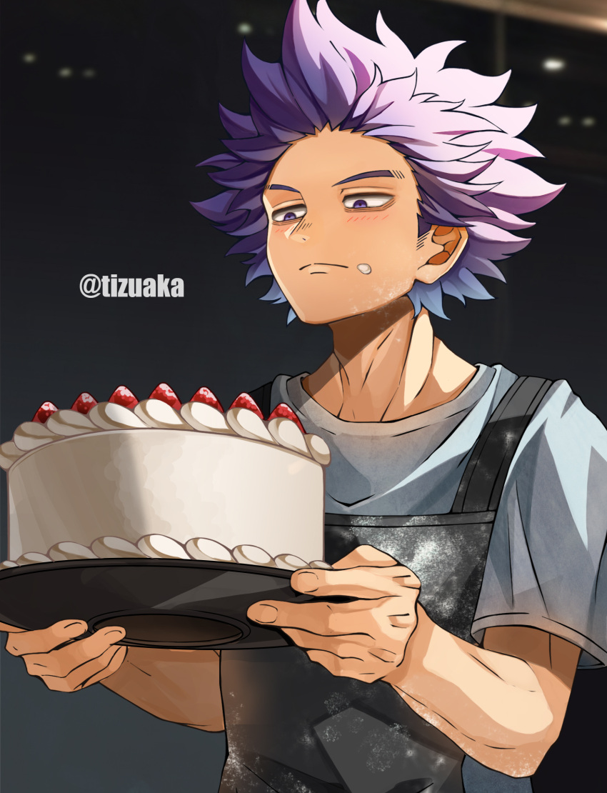 1boy adam's_apple apron bags_under_eyes bangs boku_no_hero_academia cake carrying dirty dirty_clothes dirty_face food food_on_face fruit highres holding holding_food icing light_blush looking_at_food looking_at_object male_focus messy_hair night purple_eyes purple_hair shinsou_hitoshi shirt short_hair short_sleeves solo spiked_hair strawberry tonbanlove twitter_username white_shirt window