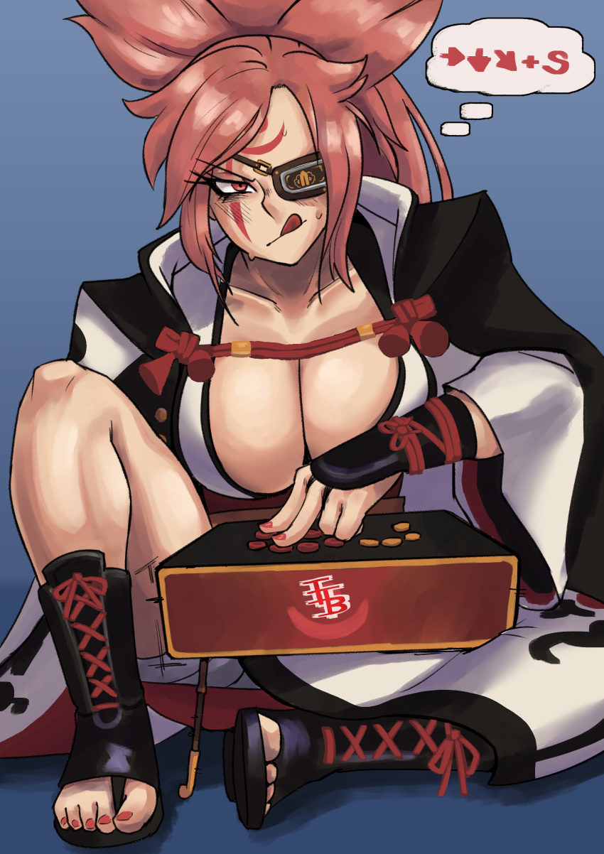 absurdres amputee arcade_stick armor baiken big_hair black_kimono breasts cleavage controller eyepatch facial_tattoo game_controller greaves guilty_gear guilty_gear_xrd highres japanese_clothes joystick kataginu kimono large_breasts multicolored_clothes multicolored_kimono one-eyed pink_hair ponytail red_eyes sandals scar tattoo thought_bubble white_kimono