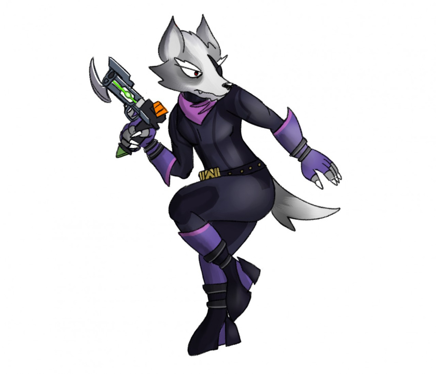 anthro bunbijou catsuit_(disambiguation) clothed clothing crossdressing gun male metroid nintendo ranged_weapon solo star_fox video_games weapon wolf_o'donnell zero_suit