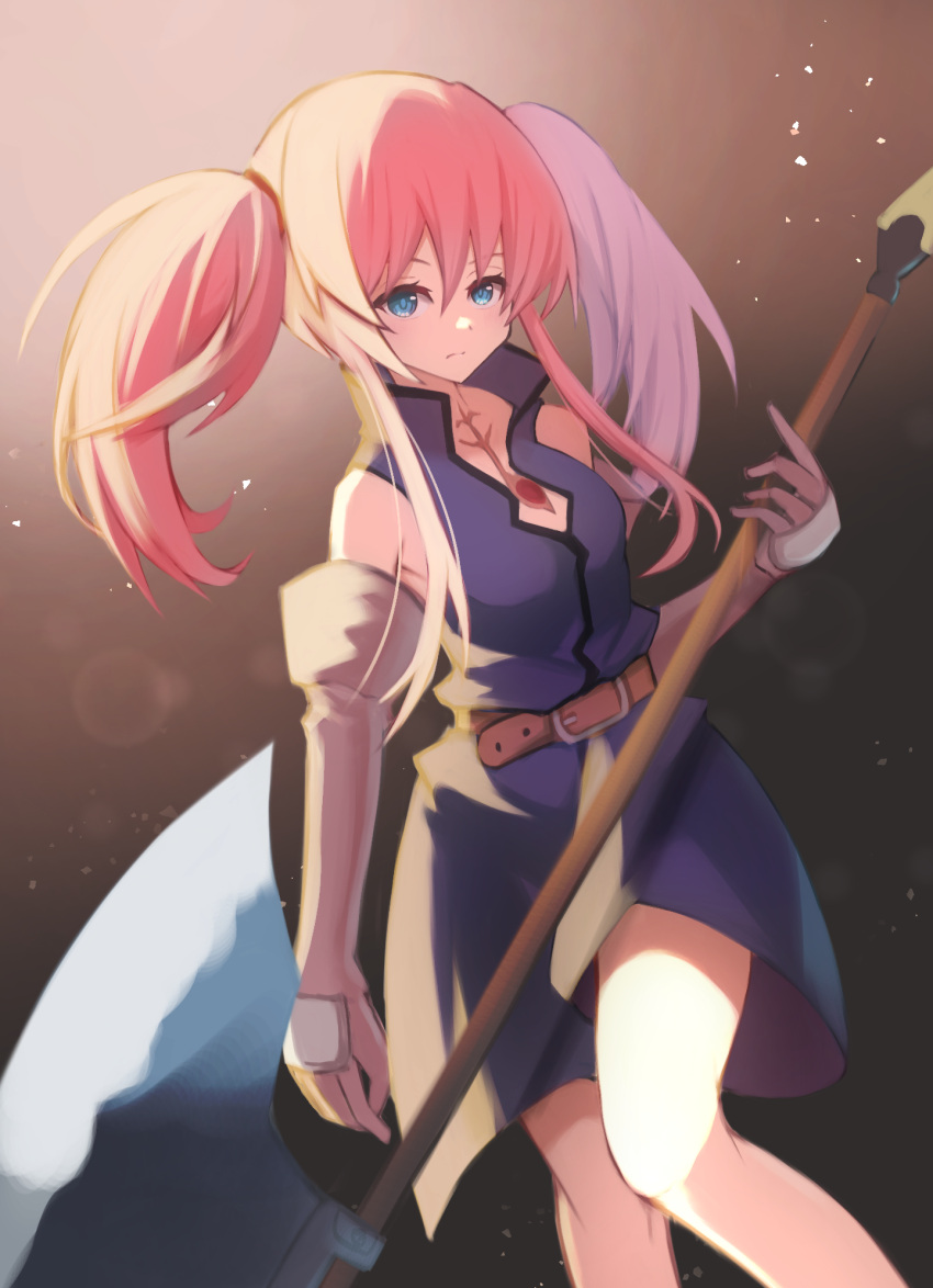 1girl axe bare_legs belt blue_dress blue_eyes brown_background closed_mouth dress elbow_gloves expressionless feet_out_of_frame gloves grey_gloves highres holding holding_axe holding_weapon long_hair looking_at_viewer pink_hair presea_combatir sanukiske sidelocks solo tales_of_(series) tales_of_symphonia twintails weapon