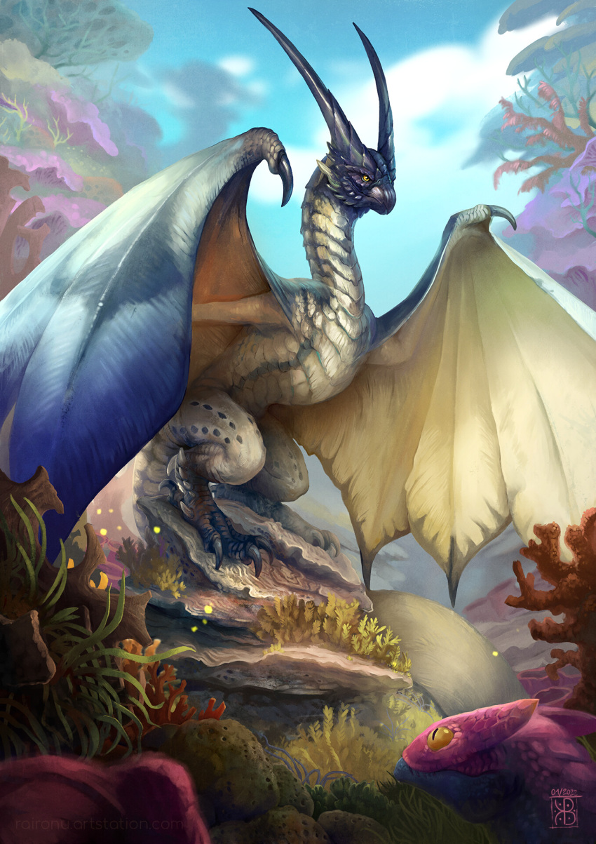 ambiguous_gender beak blue_body blue_membrane blue_scales blurred_background capcom claws cloud day dragon duo feral flying_wyvern hi_res horn legiana long_neck membrane_(anatomy) membranous_wings monster_hunter outside perched plant raironu rock scales scalie shaded signature sky solo_focus tan_body tan_scales text toe_claws tree url video_games wing_claws wings wyvern yellow_eyes