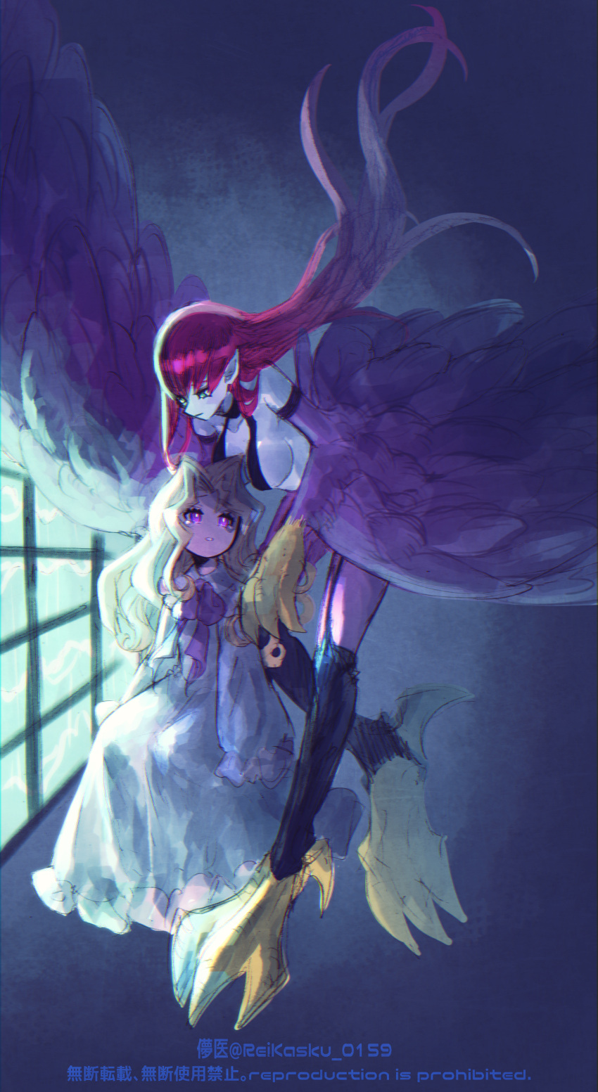 2girls absurdres age_difference artist_name bird_legs blonde_hair child chinese_text claws closed_mouth commentary covered_nipples dress english_text feathered_wings frilled_dress frills full_body green_eyes harpie_lady harpy highres kujaku_mai long_hair looking_at_another monster_girl multiple_girls open_mouth parted_lips pointy_ears purple_eyes red_hair revealing_clothes shaded_face sitting sleeves_past_wrists sugomori_tsuru_(artist) tears teeth white_dress window wings younger yu-gi-oh! yu-gi-oh!_duel_monsters