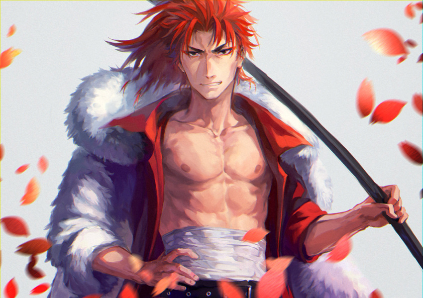 1boy changye fate/extra fate/grand_order fate_(series) fur_coat hand_on_hip holding holding_polearm holding_weapon leaf li_shuwen_(fate) long_hair male_focus manboobs open_clothes open_shirt pectoral_focus pectorals petals polearm ponytail red_eyes red_hair sarashi solo weapon