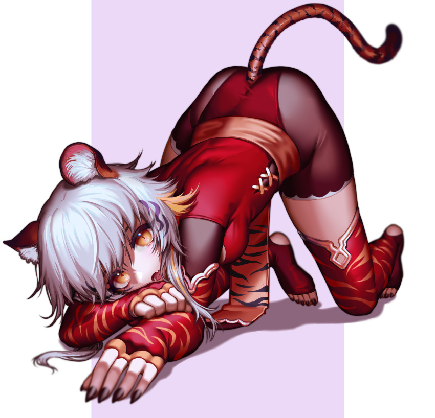1girl absurdres alternate_costume alternate_hair_color animal_ears ass bangs black_nails breasts bsapricot bsapricot_(vtuber) chinese_zodiac english_commentary fingerless_gloves gloves highres jack-o'_challenge medium_breasts nail_polish red_gloves red_legwear red_nails solo tail thighhighs tiger_ears tiger_girl tiger_tail toenail_polish toenails top-down_bottom-up virtual_youtuber vshojo year_of_the_tiger