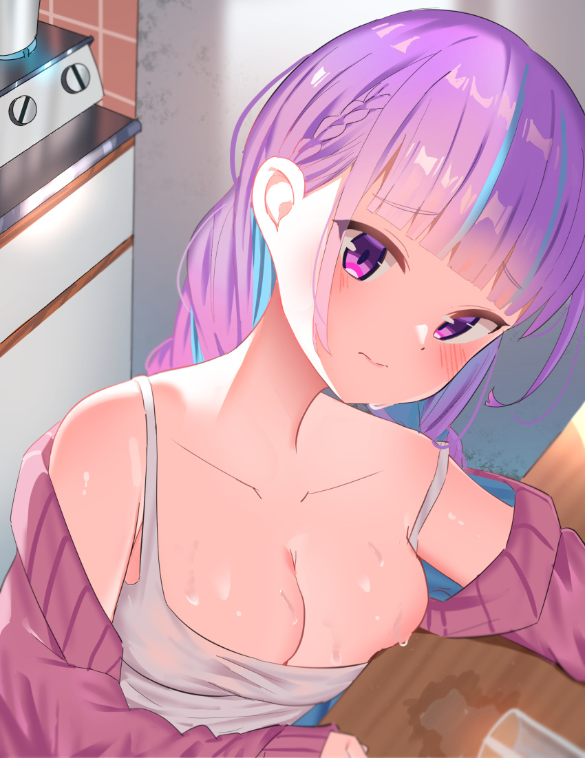 1girl absurdres ahoge bangs blue_hair blunt_bangs blush braid breasts camisole cardigan cleavage collarbone colored_inner_hair dunggeul_dunggeul eyebrows_visible_through_hair highres hololive large_breasts long_hair looking_at_viewer medium_breasts minato_aqua multicolored_hair pink_cardigan purple_eyes purple_hair sidelocks solo spill strap_slip streaked_hair twintails two-tone_hair virtual_youtuber wet white_camisole