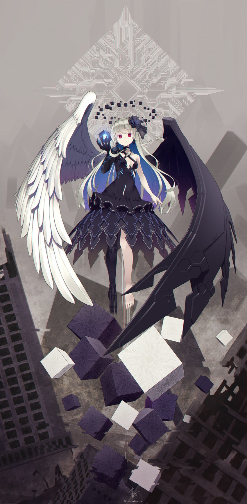 1girl absurdres android bare_shoulders black_dress black_wings blue_hair breasts building closed_mouth collarbone commentary_request cube dress feathered_wings glitch glowing grey_hair hand_up highres long_hair makadamixa mismatched_wings multicolored_hair original red_eyes signature small_breasts solo twitter_username two-tone_hair very_long_hair white_wings wings