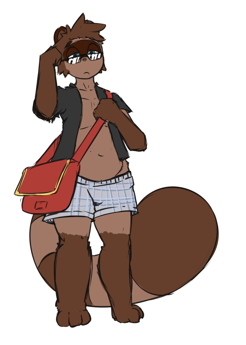 absurd_res anthro bag belly bottomwear canid canine clothing conditional_dnp eyewear glasses half-closed_eyes hi_res male mammal narrowed_eyes navel quin-nsfw quin_(quin-nsfw) raccoon_dog shorts solo tanuki