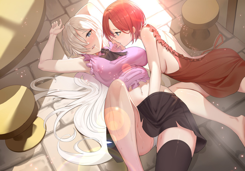 2girls arms_up ascot back_bow black_ascot black_legwear blue_eyes bow breasts character_request commentary_request crop_top dress elizabeth_liones fingering frilled_shirt_collar frills hair_over_one_eye hand_under_clothes hand_under_skirt highres knee_up large_breasts long_hair looking_at_another lying medium_breasts midriff multiple_girls nanatsu_no_taizai navel on_back on_ground open_mouth panties pencil_skirt pink_shirt red_dress red_hair saliva saliva_trail shirt short_hair sideboob siha single_thighhigh skirt sleeveless sleeveless_shirt sweat taut_clothes taut_shirt teeth thighhighs underwear upper_teeth very_long_hair white_hair white_panties yuri