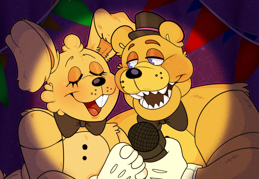 2022 animatronic anthro barazoku big_ears bigheadidiot black_nose blonde_hair blue_eyes blush bow_tie buckteeth close-up clothing curtains curtains_open duo eyebrows eyelashes eyes_closed fangs five_nights_at_freddy's five_nights_at_freddy's_4 fredbear_(fnaf) fur gloves gums hair half-closed_eyes handwear happy hat headgear headwear hi_res holding_microphone holding_object lagomorph leporid light long_ears looking_aside looking_at_another looking_at_partner machine male mammal manly microphone multicolored_body multicolored_ears multicolored_fur muscular muscular_anthro muscular_male narrowed_eyes nude open_mouth orange_ears orange_eyebrows portrait purple_background rabbit robot round_ears scottgames scut_tail sharp_teeth short_hair short_tail simple_background singer singing smile spotlight spring_bonnie_(fnaf) stage_curtains star teeth tongue toony top_hat two_tone_body two_tone_fur ursid video_games yellow_body yellow_ears yellow_fur yellow_tail