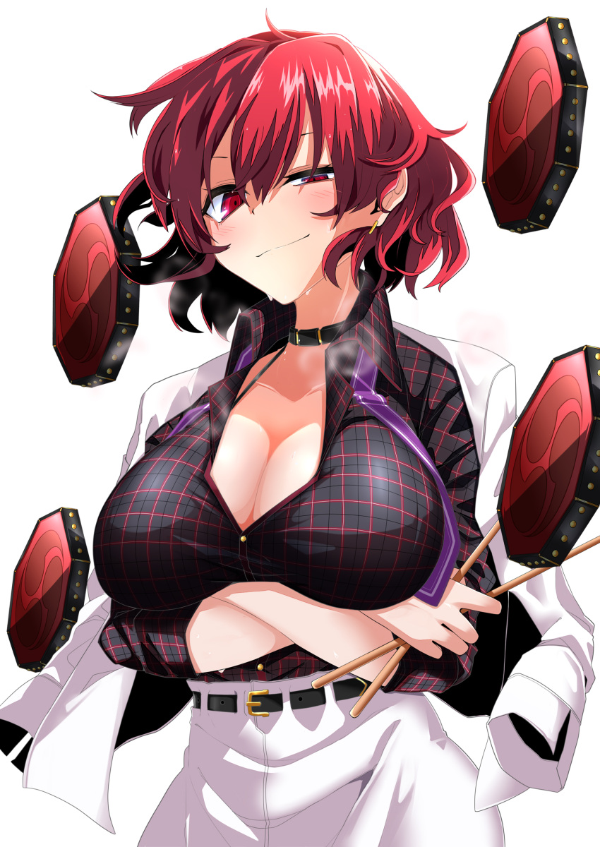 1girl arms_under_breasts belt black_shirt blush breast_hold breasts breath cleavage collarbone drum drumsticks earrings highres holding holding_drumsticks horikawa_raiko instrument jacket jewelry large_breasts looking_at_viewer plaid red_eyes red_hair rihito_(usazukin) shirt short_hair simple_background skirt smile solo steaming_body touhou upper_body white_background white_jacket white_skirt