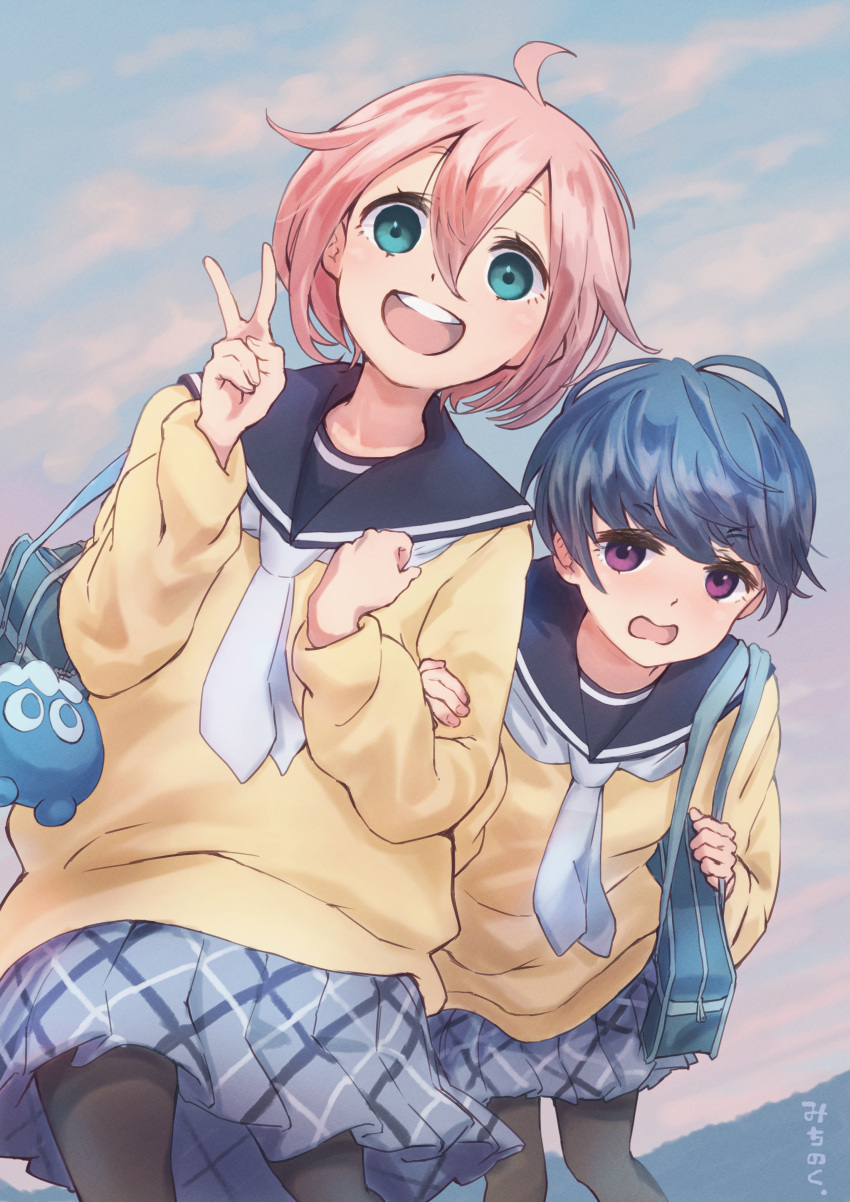 2girls :d absurdres ahoge alternate_hair_length alternate_hairstyle bag bangs black_legwear blue_eyes blue_hair blue_skirt cardigan eyebrows_visible_through_hair hair_between_eyes highres kagamihara_nadeshiko light_blush looking_at_viewer michinoku_(hiking_miusan18) multiple_girls open_mouth pink_hair pleated_skirt purple_eyes sailor_collar school_bag school_uniform shima_rin skirt smile v yellow_cardigan yurucamp