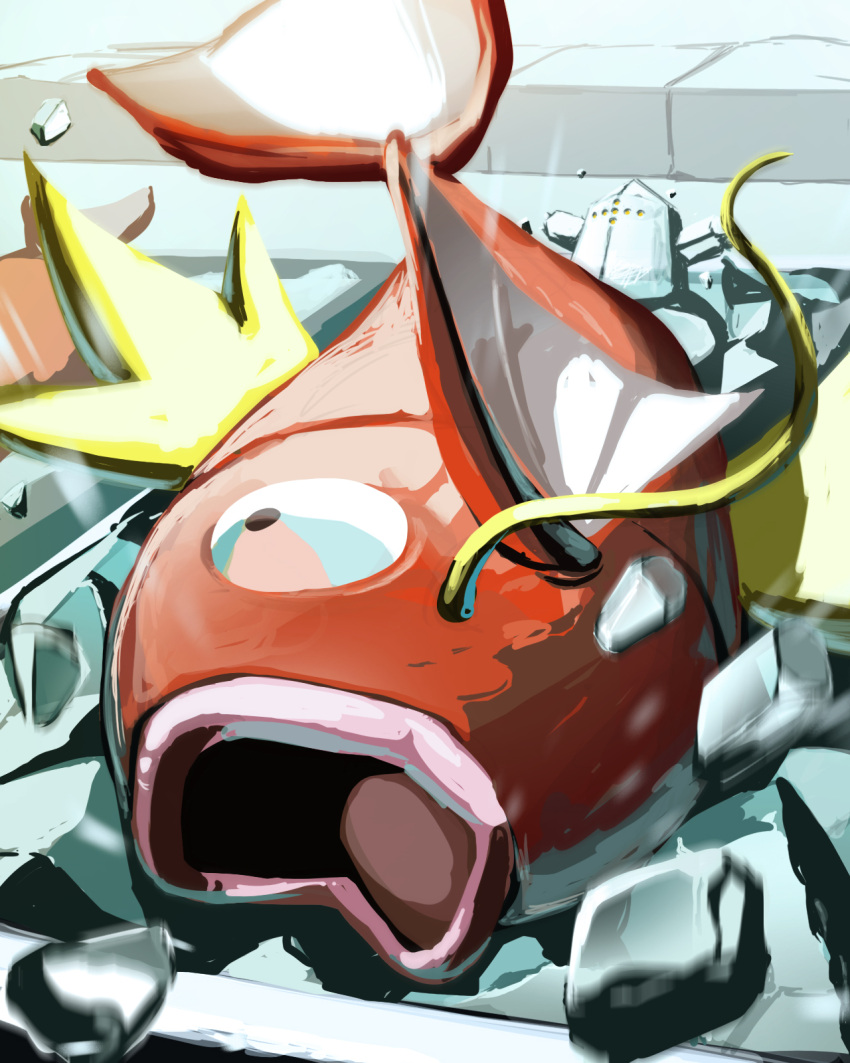 black_eyes commentary_request fish giant highres ice magikarp no_humans open_mouth pokemon pokemon_(creature) regice splashing suchi_(fsur7444) tongue yellow_eyes