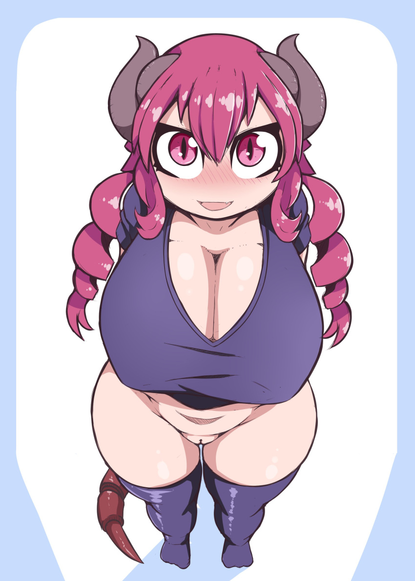 absurd_res animal_humanoid big_breasts bottomless breasts cleavage clothed clothing conditional_dnp dragon dragon_humanoid female genitals hi_res horn humanoid ilulu legwear looking_at_viewer miss_kobayashi's_dragon_maid perspective pussy quin-nsfw shirt smile smiling_at_viewer solo stockings topwear