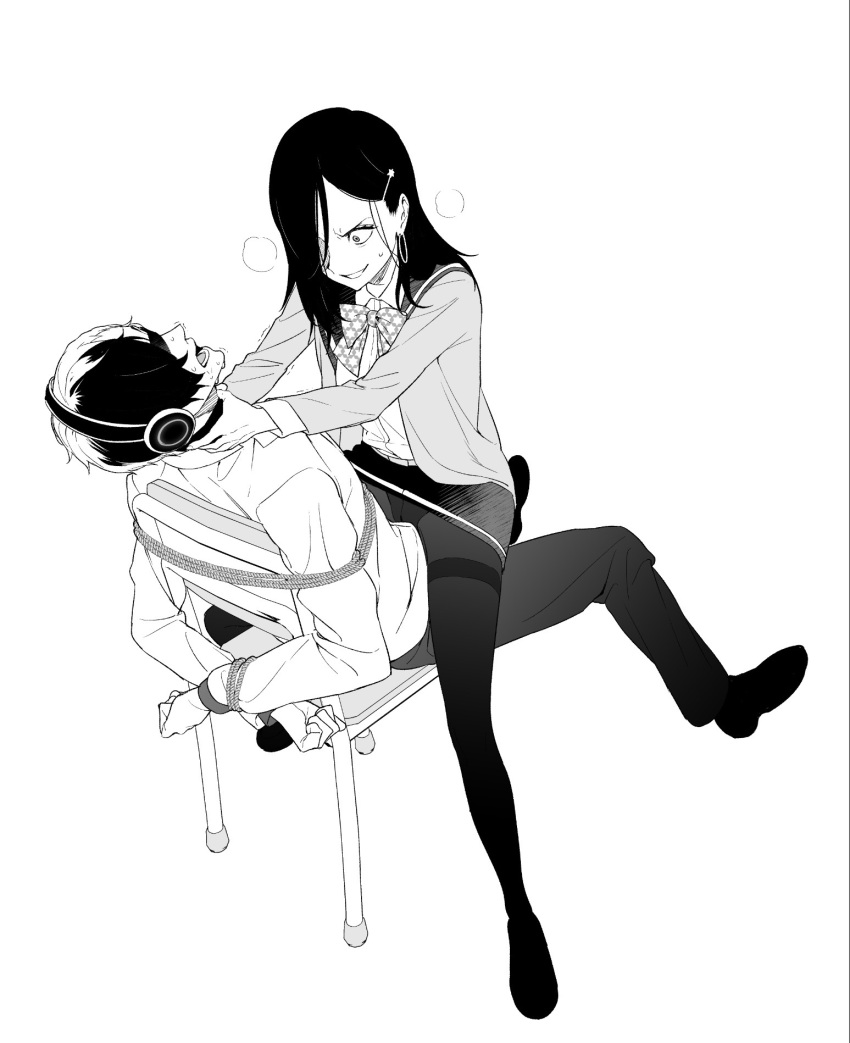 1boy 1girl amanekuu bdsm blindfold bondage bound bound_wrists bow bowtie caligula_(game) cardigan chair collared_shirt earrings femdom girl_on_top greyscale grin hair_ornament hair_over_one_eye hairclip hands_on_another's_neck headphones highres hoop_earrings jewelry long_hair looking_at_another monochrome multicolored_hair open_cardigan open_clothes open_mouth panties pantyhose rope sailor_collar satake_shougo shirt simple_background sitting skirt smile straddling strangling sweat thorn_(caligula) two-tone_hair underwear white_shirt