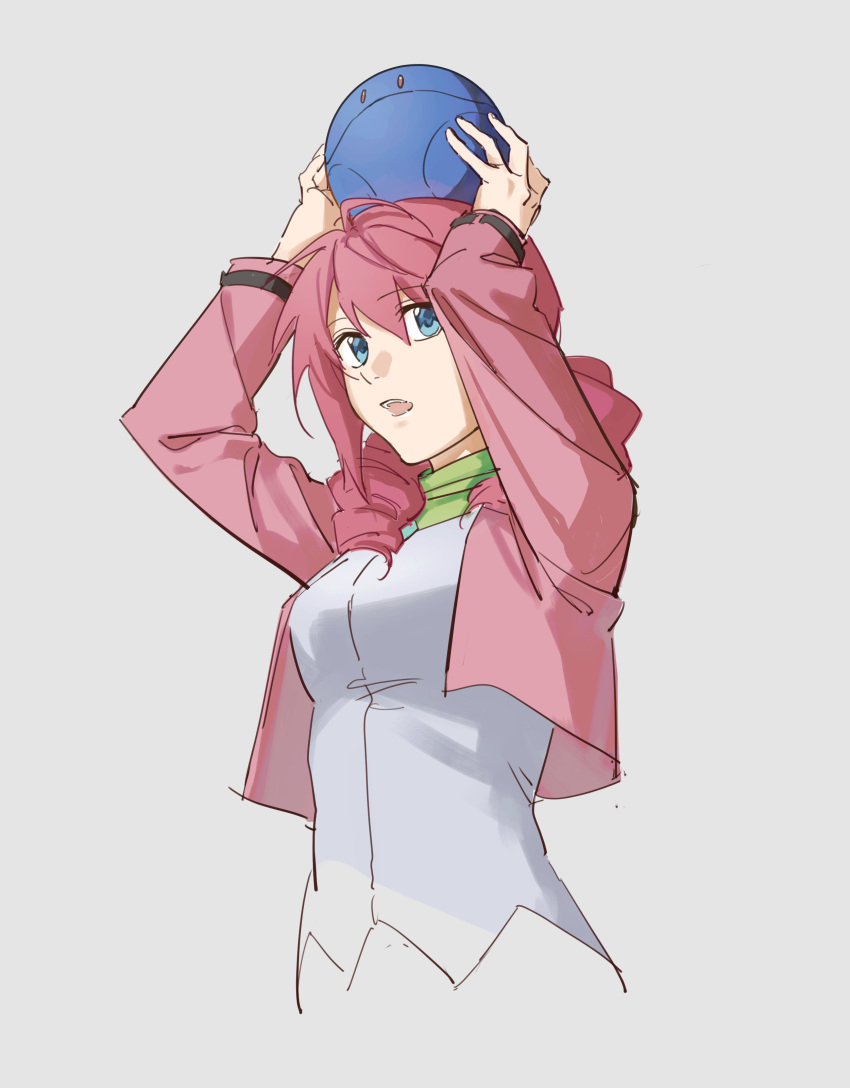 1girl absurdres arms_up bangs blue_eyes cropped_torso dress_shirt eyebrows_visible_through_hair feldt_grace grey_background gundam gundam_00 hair_between_eyes haro highres jacket long_hair long_sleeves nanao_parakeet open_clothes open_jacket open_mouth pink_hair pink_jacket shirt simple_background sketch solo white_shirt